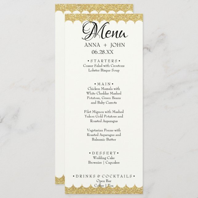 Simple Gold Glitter Add Name Date Wedding Dinner   Menu (Front/Back)
