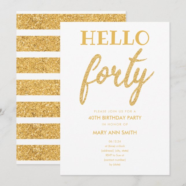 Simple Gold Glitter "Hello Forty" Birthday Party Invitation (Front/Back)