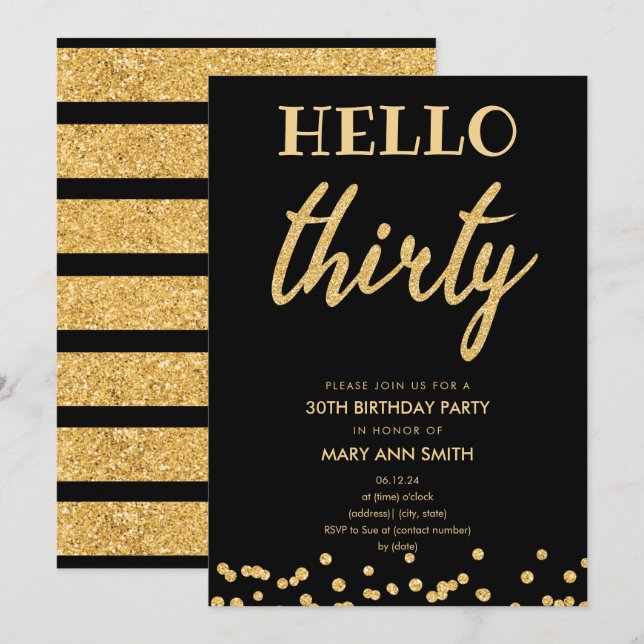 Simple Gold Glitter "Hello Thirty" Birthday Party Invitation (Front/Back)