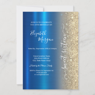 Simple Gold Glitter Metallic Blue Sweet 16 Invitation