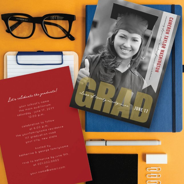 Simple Gold GRAD Overlay Modern Graduation Party Invitation (Creator Uploaded)