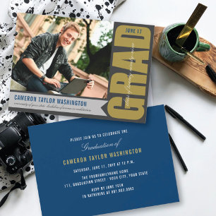 Simple Gold GRAD Overlay Modern Graduation Party Invitation