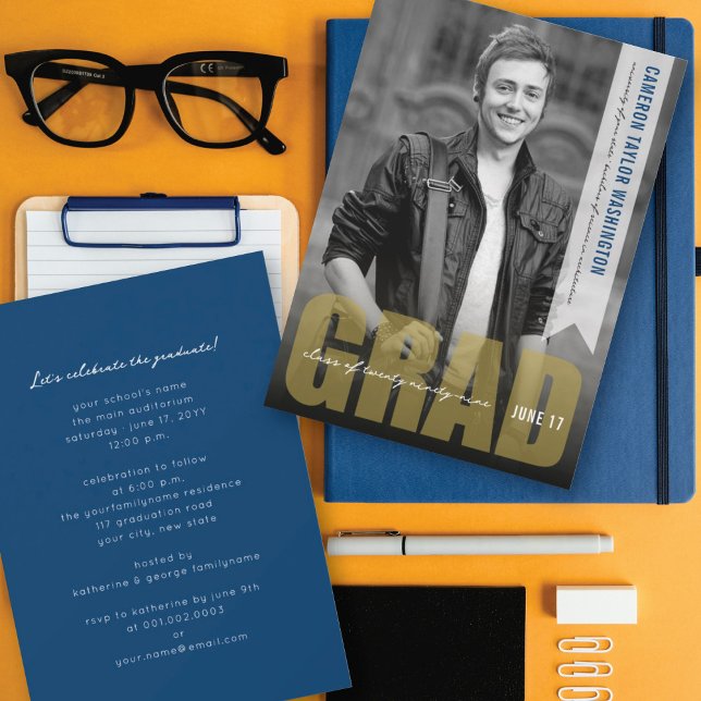 Simple Gold GRAD Overlay Modern Graduation Party Invitation (Creator Uploaded)