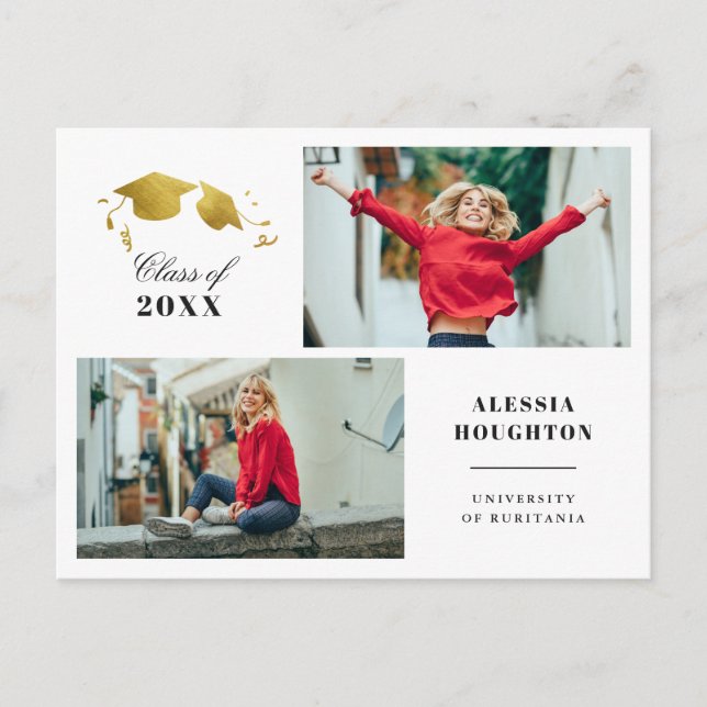 Simple Gold Graduation Caps Photo Graduation Party Invitation Postcard (Front)