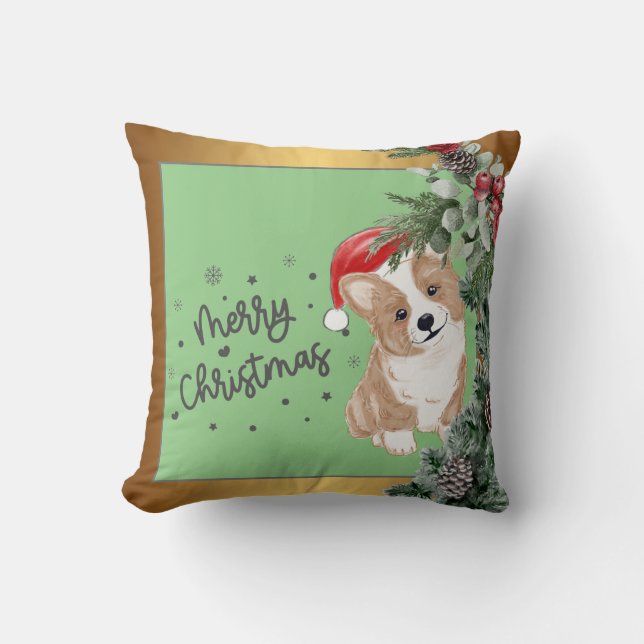 Simple Gold Green Corgi Christmas Throw Pillow (Front)