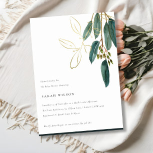 Simple Gold Green Eucalyptus Foliage Baby Shower Invitation