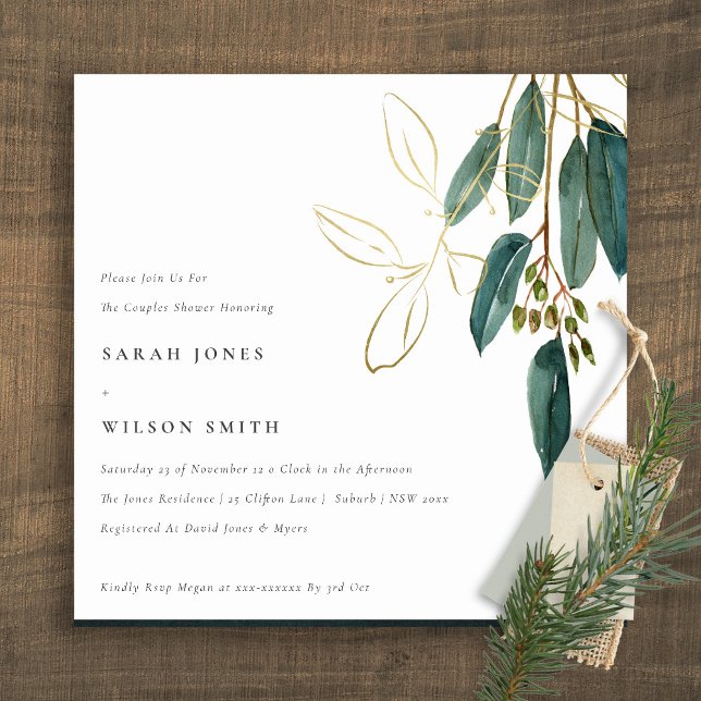 Simple Gold Green Eucalyptus Foliage Couple Shower Invitation (Creator Uploaded)