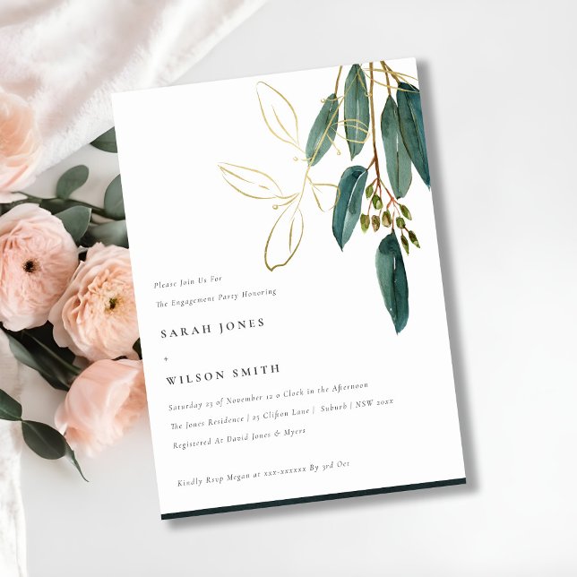 Simple Gold Green Eucalyptus Foliage Engagement Invitation (Creator Uploaded)