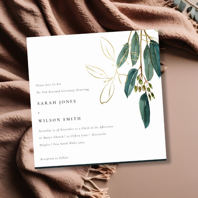Simple Gold Green Eucalyptus Foliage Vow Renewal Invitation (Creator Uploaded)