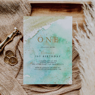 Simple Gold Green Minimalist First Birthday Party Invitation