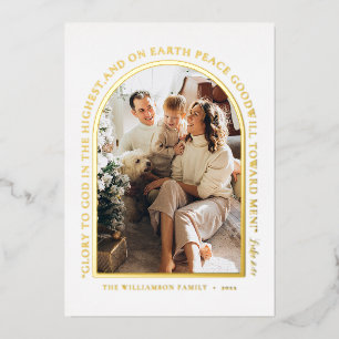 Simple Gold Greenery Photo Collage Christmas Foil Holiday Card