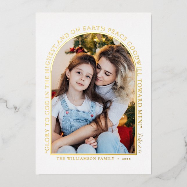 Simple Gold Greenery Photo Collage Christmas Foil Holiday Card (Front)