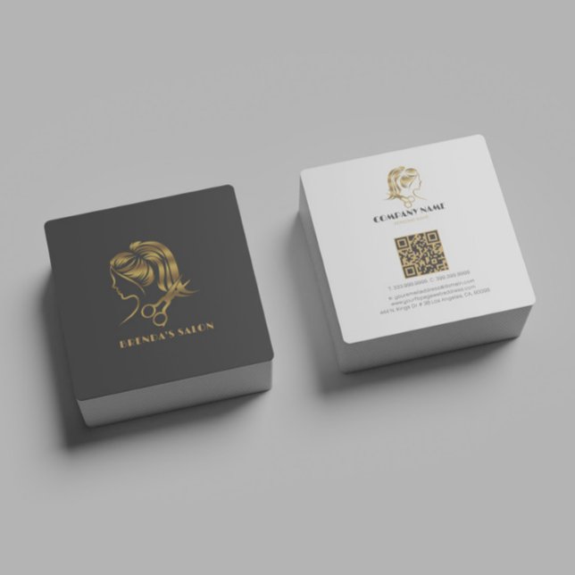Simple Gold Hair Salon Logo Dark Grey Background Square Business Card (Creator Uploaded)