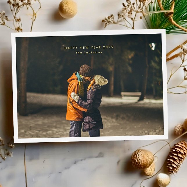 Simple GOLD HAPPY NEW YEARS Photo Frame Custom  Foil Holiday Card (Creator Uploaded)