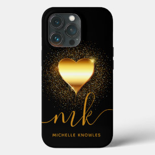Simple Gold Heart Custom Name and Monogram iPhone 13 Pro Case