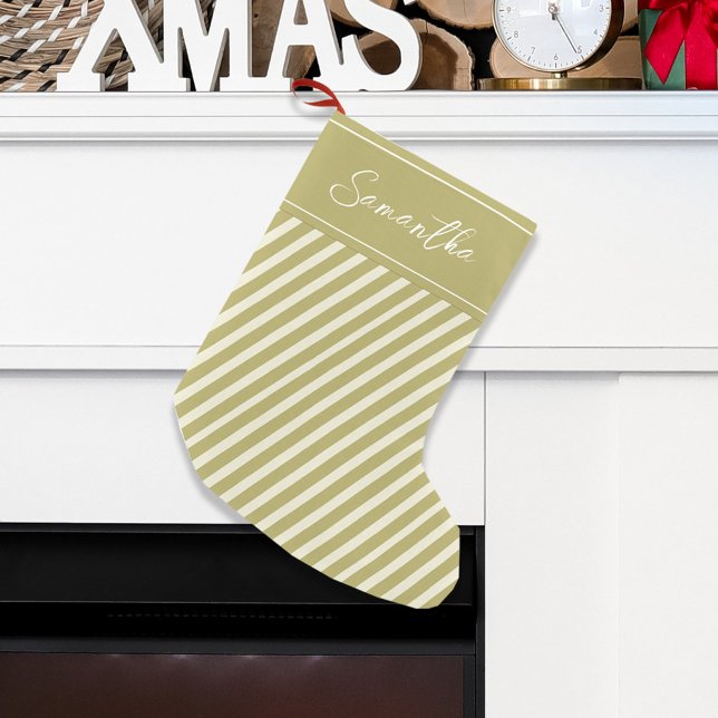 Simple Gold Holiday Calligraphy Custom Small Christmas Stocking (Simple gold striped holiday Christmas stocking. )