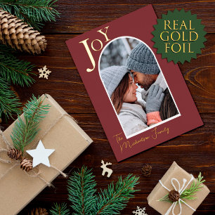 Simple Gold Joy Family Photo Arch Christmas Foil Holiday Card