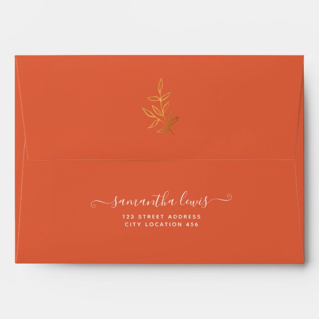 Simple Gold Leaves Bohemian Sunset Orange Wedding Envelope (Back (Top Flap))