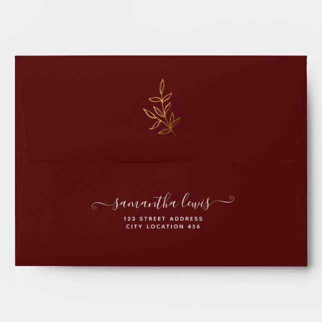Simple Gold Leaves Burgundy Wedding  Envelope (Back (Top Flap))