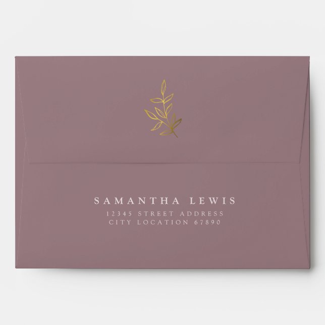 Simple Gold Leaves Mauve Wedding  Envelope (Back (Top Flap))