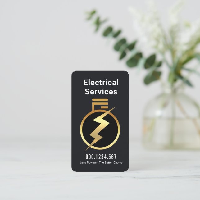 Simple Gold Light Bulb Powers Up Business Card (Standing Front)