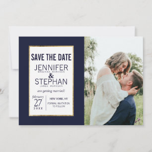 Simple Gold Lined Navy Blue Save the Dates Date