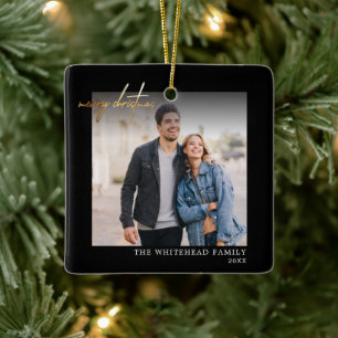Simple Gold Merry Christmas Photo Black Ceramic Ornament