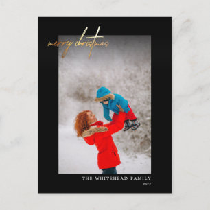 Simple Gold Merry Christmas Photo Black Postcard