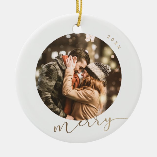 Simple Gold Merry Photo Ceramic Ornament (Front)