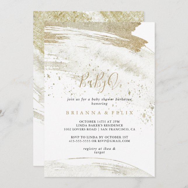 Simple Gold Minimalist BabyQ Baby Shower Barbecue Invitation (Front/Back)