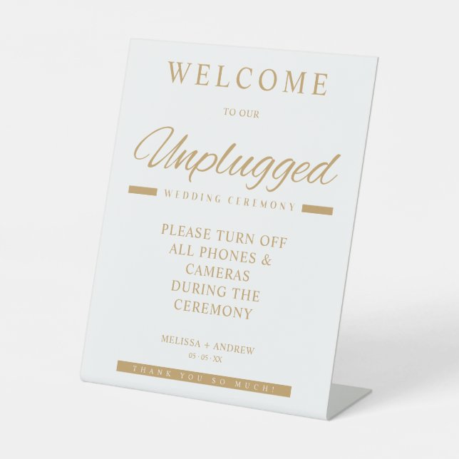 Simple Gold Minimalist Unplugged Wedding Sign (Front)