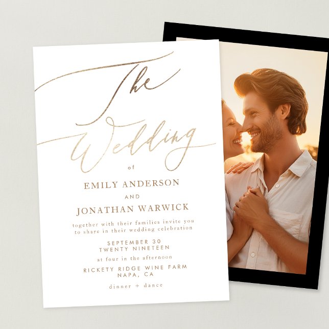 Simple Gold Modern Calligraphy Photo Wedding Invitation (Creator Uploaded)