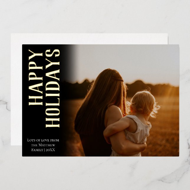Simple Gold Modern Happy Holidays Family Photo Foil Holiday Card (Front/Back)