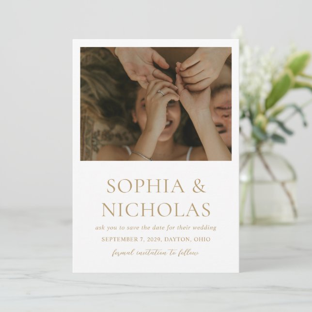 Simple Gold Modern Photo Wedding Save The Date (Standing Front)