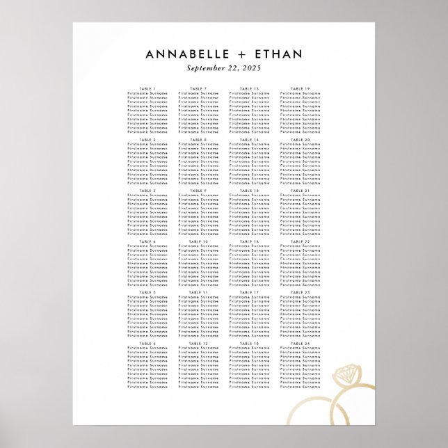 Simple Gold Modern Rings Wedding Seating Chart (Front)