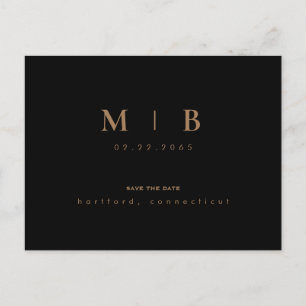 Simple Gold Monogram Black Save the Date Announcement Postcard