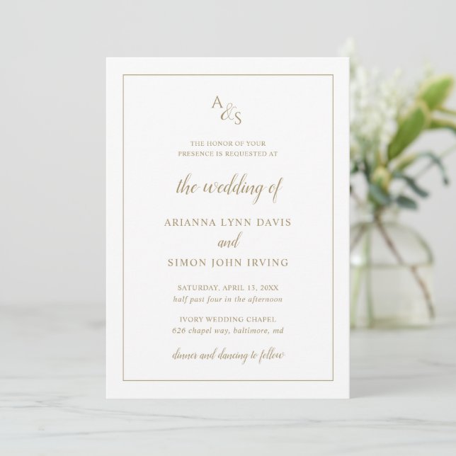 Simple Gold Monogram Formal Elegant Wedding Invitation (Standing Front)