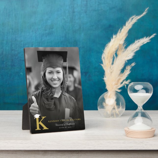 Simple Gold Monogram Modern Photo Graduation Easel Plaque (Side)
