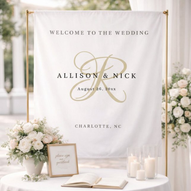 Simple Gold Monogram Wedding Welcome Sign Tapestry (Creator Uploaded)