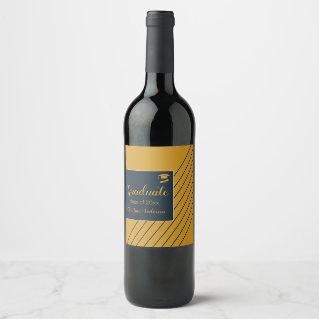 Simple gold navy grad cap chic stylish graduation  wine label (Front)
