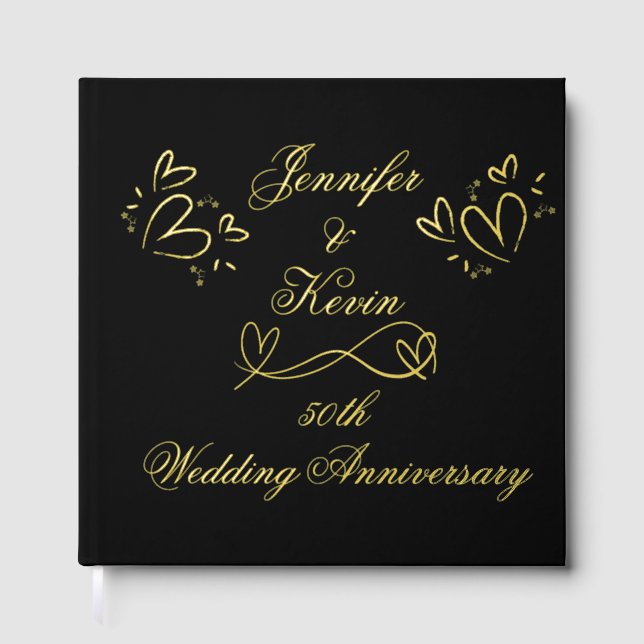Simple Gold on Black 50th Wedding Anniversary | Guest Book (Front)