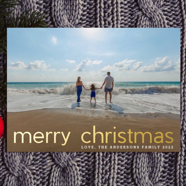 Simple Gold Pressed Script Photo Merry Christmas Foil Holiday Card (Creator Uploaded)