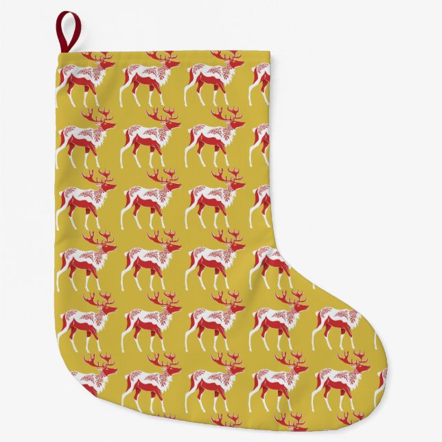 Simple Gold Red Reindeers christmas Xmas Pattern Large Christmas Stocking (Front)