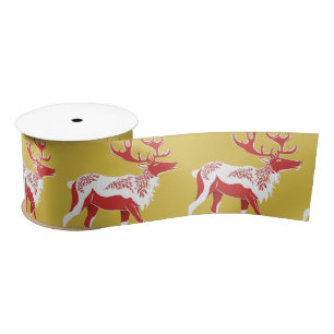 Simple Gold Red Reindeers christmas Xmas Pattern Satin Ribbon