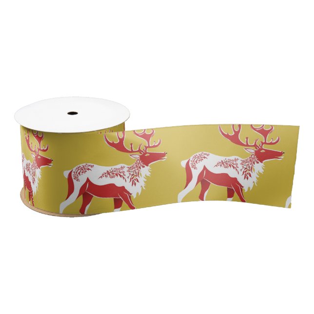 Simple Gold Red Reindeers christmas Xmas Pattern Satin Ribbon (Spool)