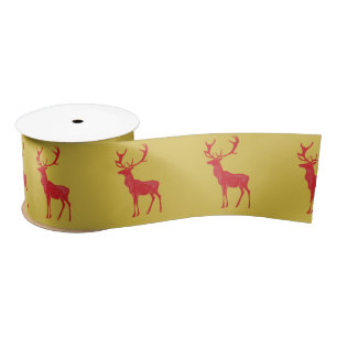 Simple Gold Red Reindeers christmas Xmas Pattern Satin Ribbon