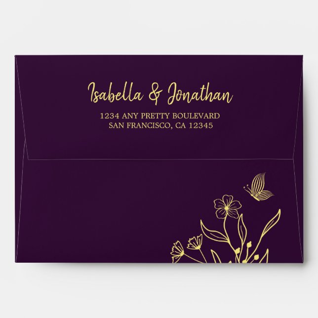 Simple gold return address purple wedding envelope (Back (Top Flap))