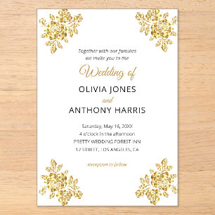 Simple Gold Roses Elegant Modern Floral Wedding  Acrylic Invitations