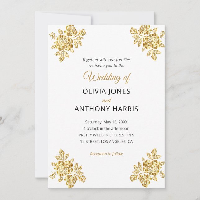 Simple Gold Roses Elegant Modern Floral Wedding  Invitation (Front)