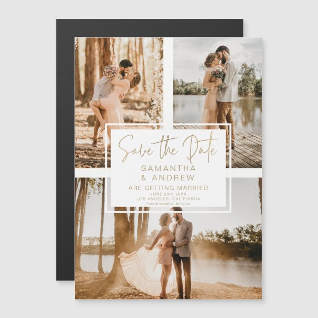 Simple gold save the date 3 photo grid collage (Front/Back)